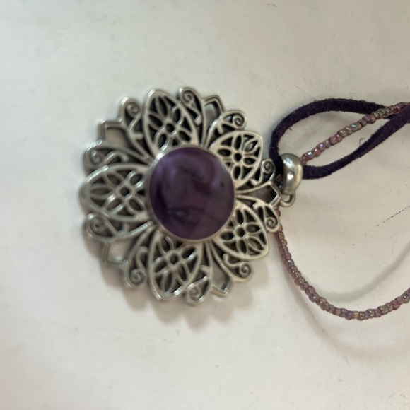 Vintage | Style Purple Cabochon Pendant Necklace Silver Tone - Picture 2 of 3